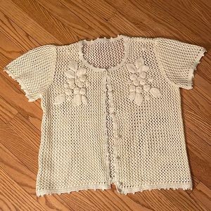 Vintage White Creme Hand Crochet Cardigan Flower Pearl Buttons